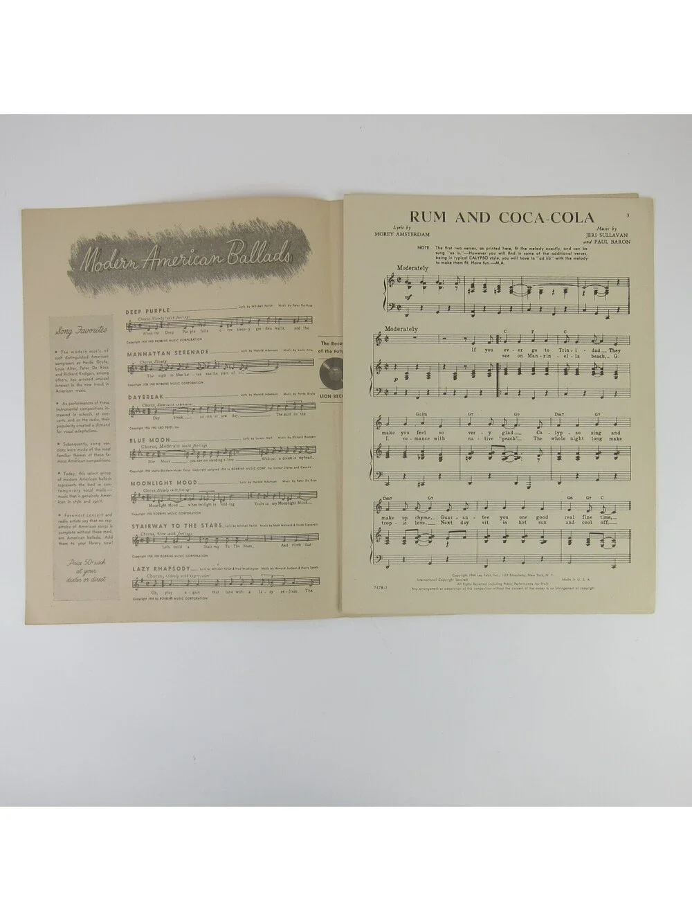 Sheet Music Rum and Coca-Cola Andrews Sisters Vintage 1944